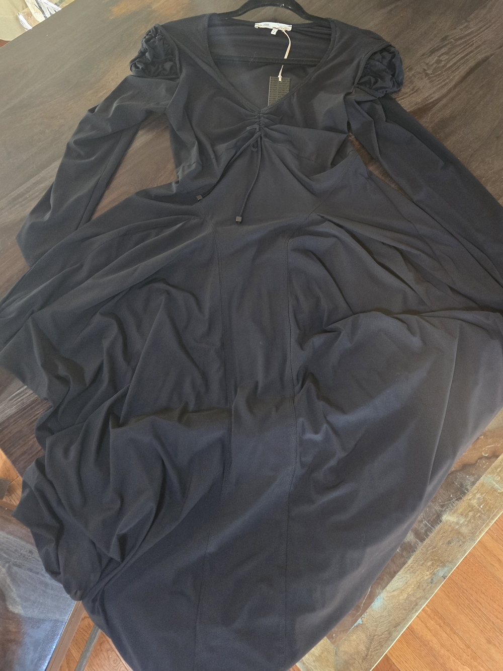 Women's Black Long-Sleeve Midi Dress with Ruched Front